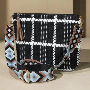 Black Embroidered Strap Crossbody Shoulder Bag Fall Autumn